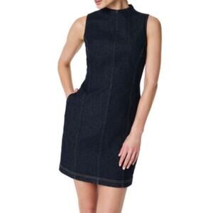Spanx Denim Seamed Shift Dress Dark Blue Pockets Mini Sheath EUC Size Medium